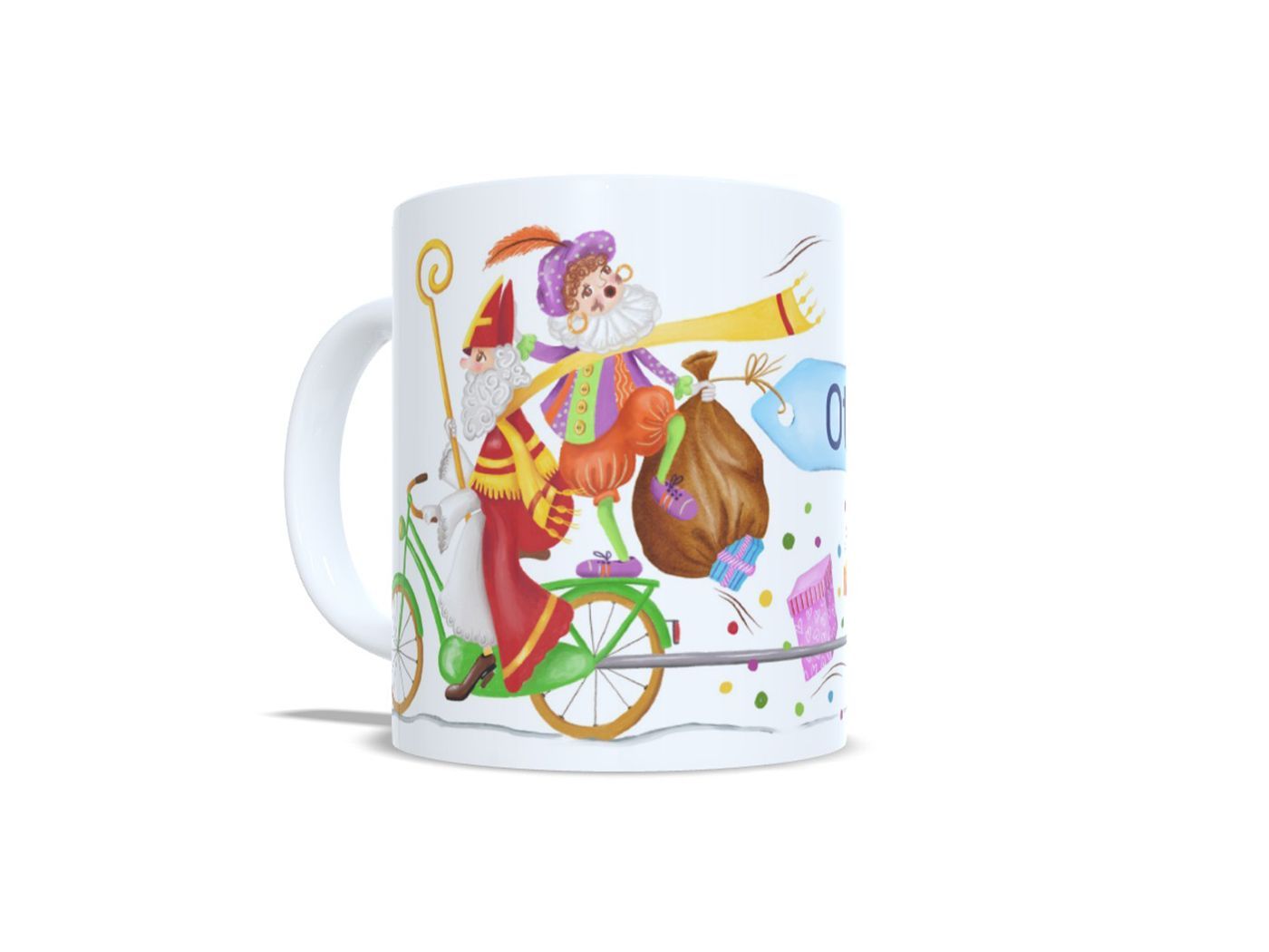 Gepersonaliseerde Sinterklaasmok met naam, Sinterklaas en Piet op de fiets | EchtMiek