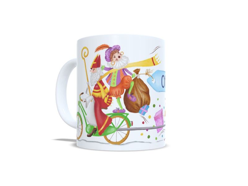 Gepersonaliseerde Sinterklaasmok met naam, Sinterklaas en Piet op de fiets | EchtMiek