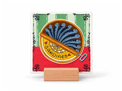 Sardines Blik Rond – keramische tegel 15 x 15 cm Sardines Blik Rond keramische tegel 15 x 15 cm met houten houder | EchtMiek