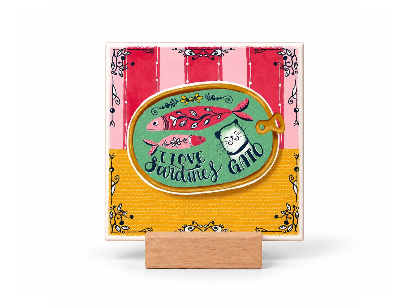 I Love Sardines Gato keramische tegel 15 x 15 cm met houten houder | EchtMiek