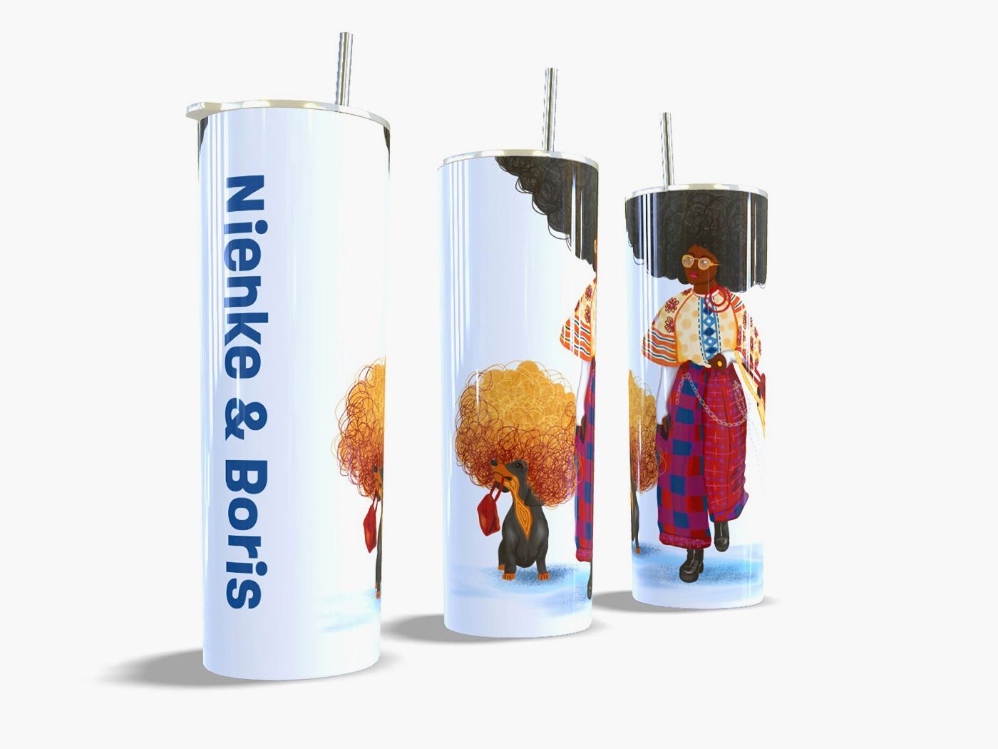 Tumbler met teckel – Big Hair – gepersonaliseerd 600 ml Witte gepersonaliseerde tumbler van 600 ml met teckelillustratie Big Hair, vanuit drie kanten | EchtMiek