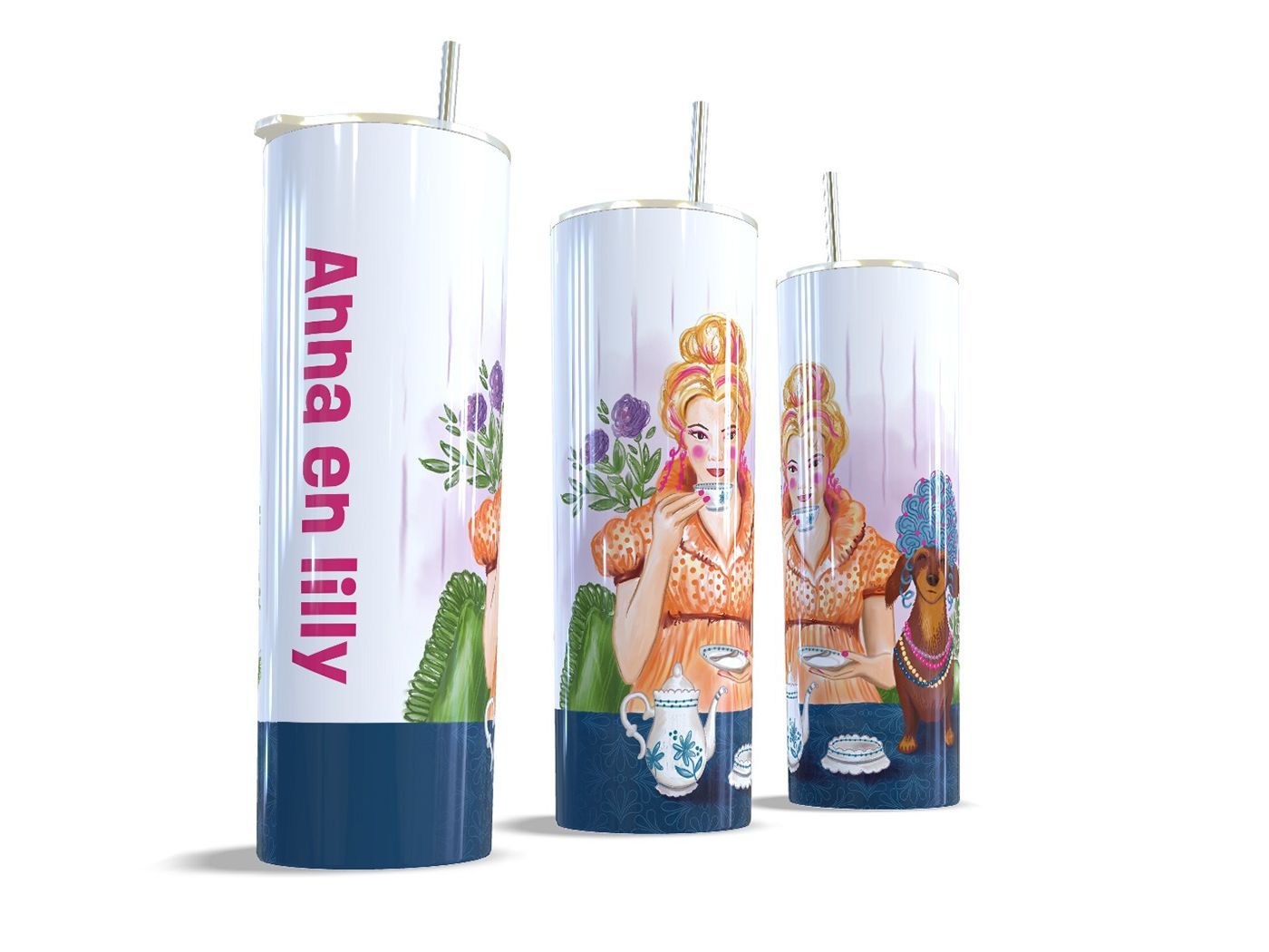 Tumbler met teckel – High Tea – gepersonaliseerd 600 ml Witte gepersonaliseerde High Tea tumbler van 600 ml met teckelillustratie, vanuit drie kanten | EchtMiek