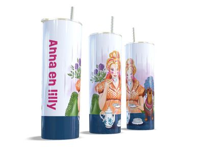 Tumbler met teckel – High Tea – gepersonaliseerd 600 ml Witte gepersonaliseerde High Tea tumbler van 600 ml met teckelillustratie, vanuit drie kanten | EchtMiek