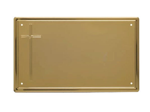 Flat aluminium plates with patinated gold background, polish gold border and cross relief