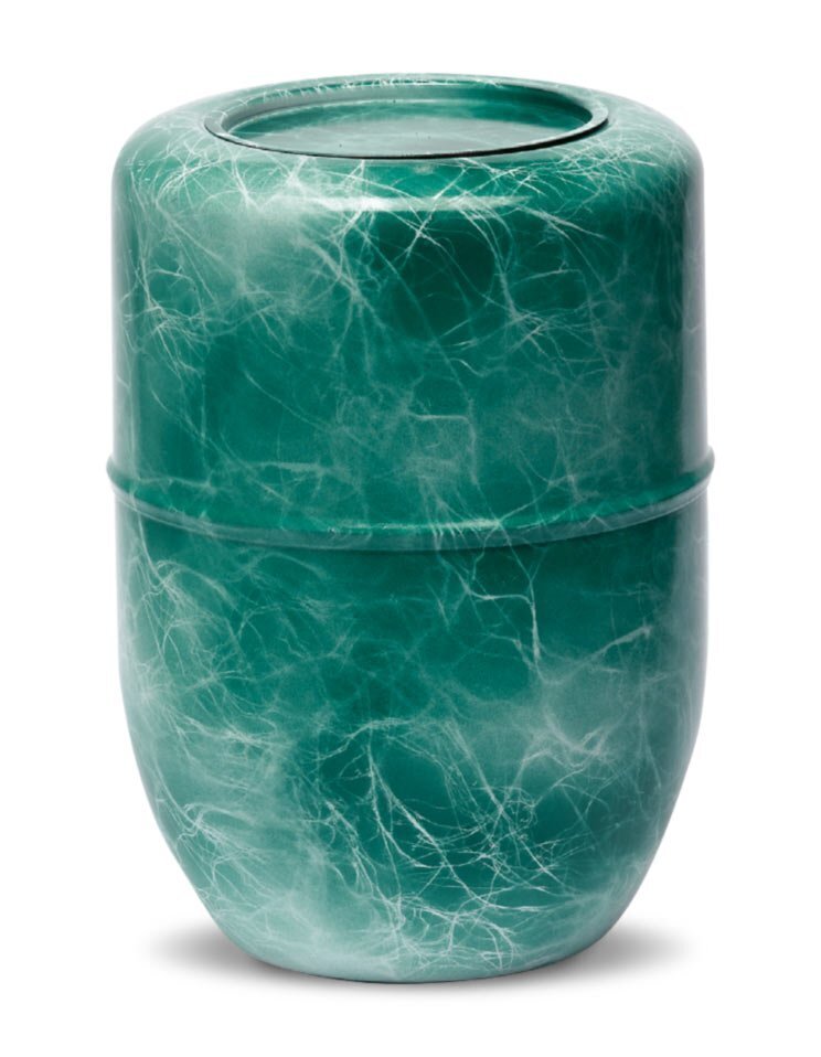 Painted steel cinerary urn with green marble effect