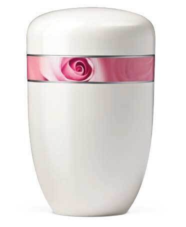 White cinerary urn in painted steel with rose