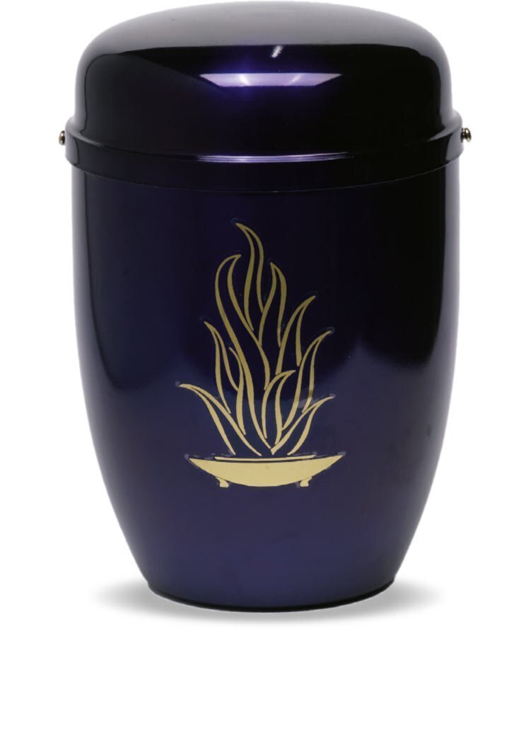 Painted steel cinerary urn with flame design
