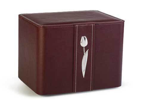 Bordeaux artificial leather cinerary urn with silver tulip decoration