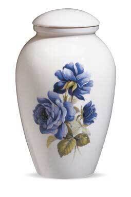 Porcelain line cinerary urn with blue rose design