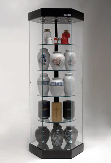 Display case with hexagonal base and 4 shelves