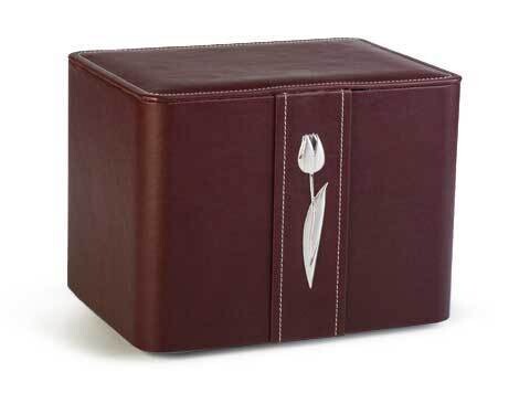 Bordeaux artificial leather cinerary urn with silver tulip decoration