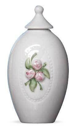 Mini cinerary urn in porcelain with pink flowers