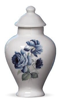 Mini cinerary urn in porcelain with blue flower