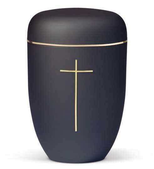Black cinerary urn in painted steel with cross