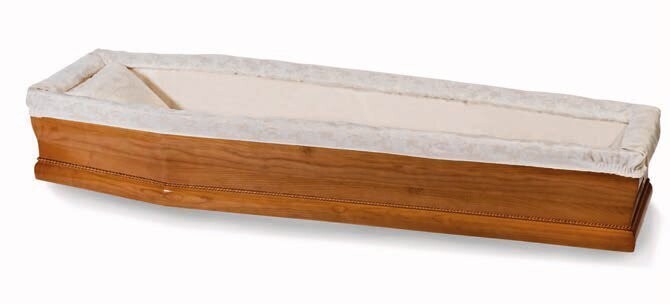 Paperboard coffin interior in satin with tight flounce in jacquard satin champagne "Afrodite" model