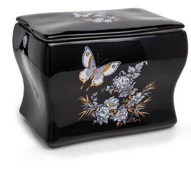 Porcelain black cinerary urn with butterfly design