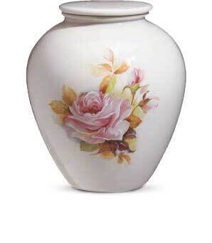 Porcelain line cinerary urn with rose