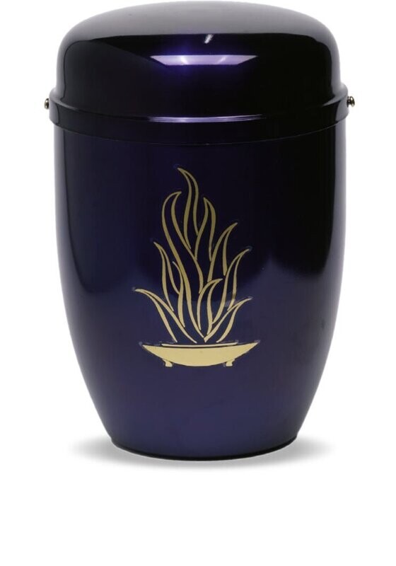 Painted steel cinerary urn with flame design