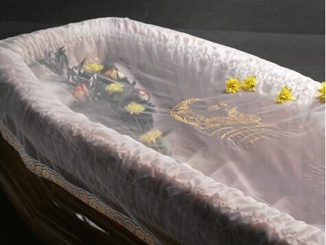 ​Rectangular corpse covering veil with gold lace and gold Padre Pio embroidery