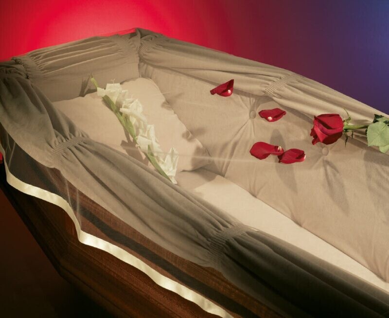 Corpse covering veil with beige satin ribbon