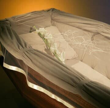 ​​Corpse covering veil with flower and beige satin ribbon