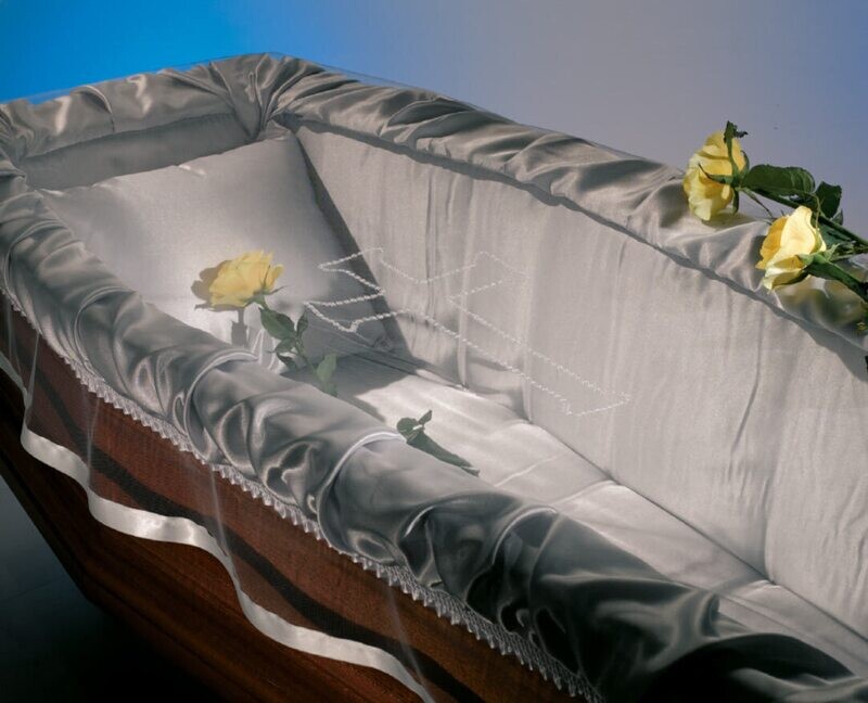 Corpse covering veil with cross and grey satin ribbon