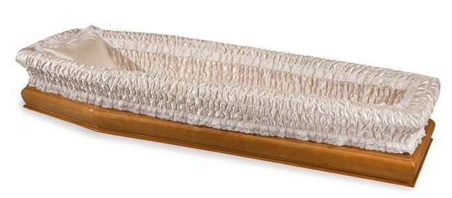Satin sack coffin interior with lace champagne "Lara" model