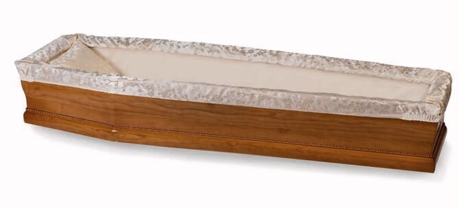 Paperboard coffin interior in satin with tight flounce in jacquard satin champagne "Flora" mode