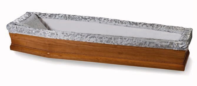 Paperboard coffin interior in satin with tight flounce in jacquard satin grey "Flora" model