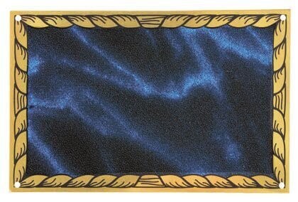 Flat aluminium rectangular plate with blue background and black gold stripe border