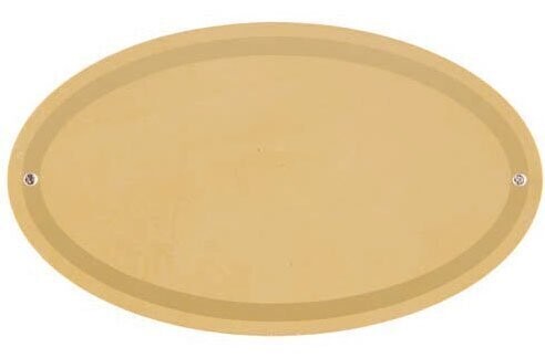 Flat oval aluminium plate with patinated gold background and polish gold border