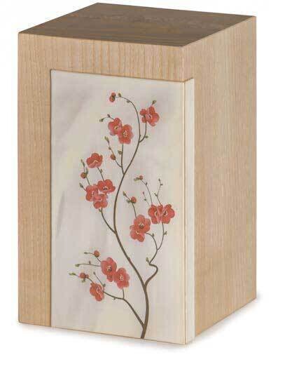Venice/Oak cinerary urn with natural finish and decorated glass fusion application
