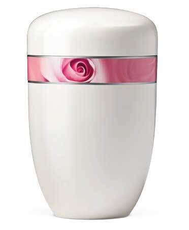 White cinerary urn in painted steel with rose