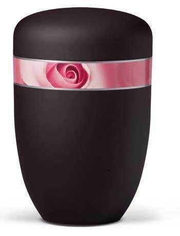 Black cinerary urn in painted steel with rose