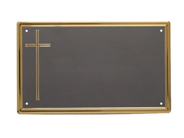 Flat aluminium plates with patinated silver background, polish gold border and cross relief