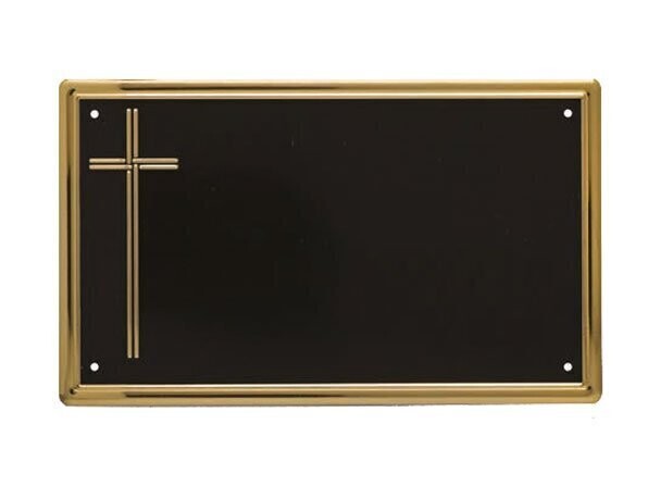 Flat aluminium plates with patinated black background, polish gold border and cross relief