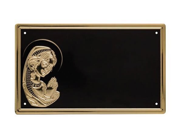 Flat aluminium plates with patinated black background, polish gold border and Virgin Mary relief