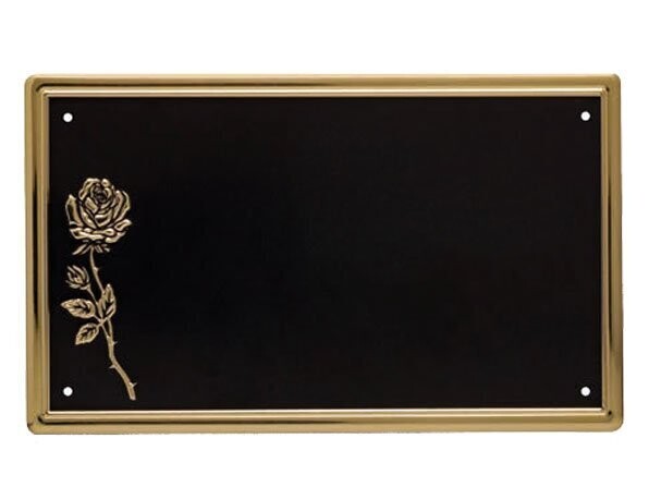 Flat aluminium plates with patinated black background, polish gold border and rose relief