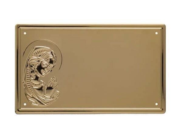 Flat aluminium plates with patinated gold background, polish gold border and Virgin Mary relief