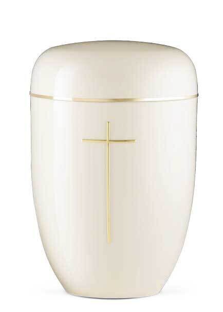 White cinerary urn in painted steel with cross