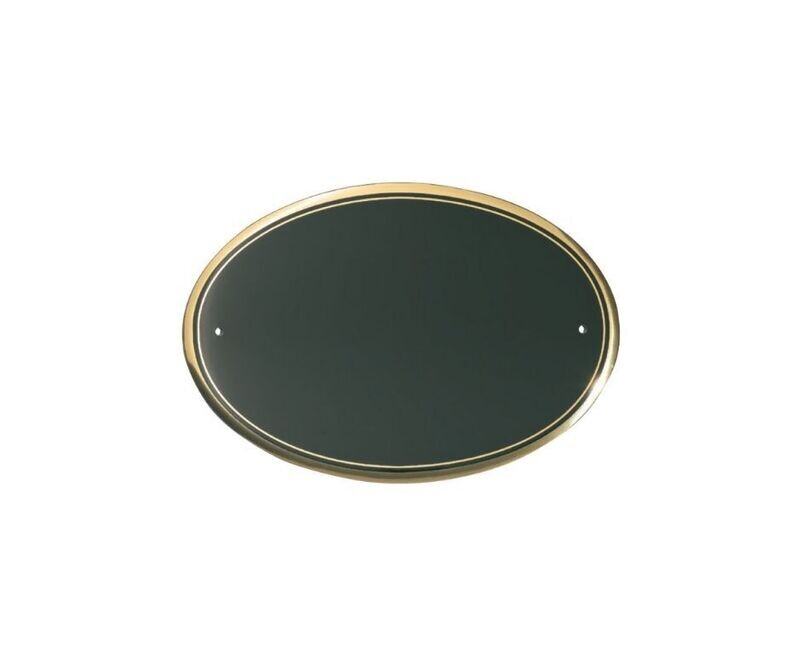 Oval luminium plate convex with black background and gold border