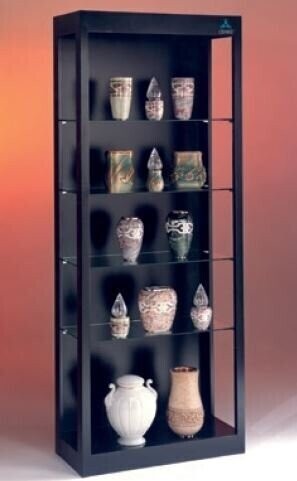 Straight display case in black painted sheet metal