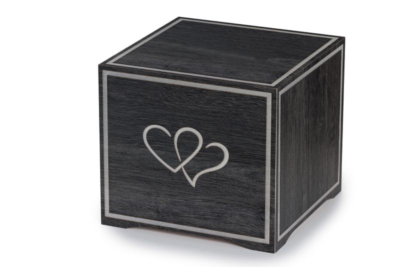 Anthracite-finish wooden urn with hearts