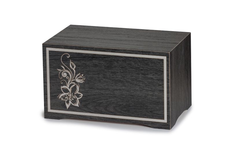 Anthracite-finish wooden urn with lily