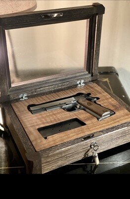 Handcrafted Single Pistol Display Case in Ebonized Oak with figured German Oak Interior