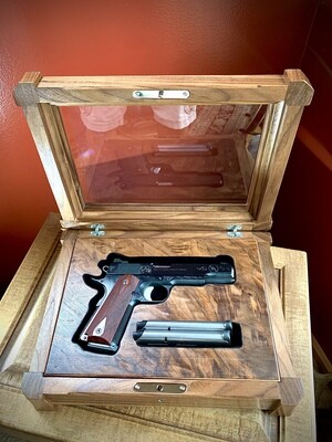 Handcrafted Single Pistol Display Case customized for your pistol in Walnut with figured Walnut Burl interior