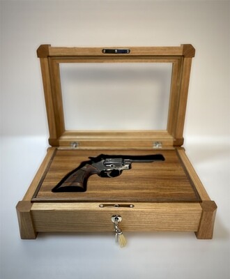 Handcrafted Single Pistol Display Case customized for your pistol in Cherry with quartersawn Jatoba interior​