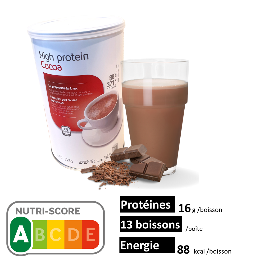 Pot économique  - 13 préparations pour boissons protéinées saveur chocolat intense
