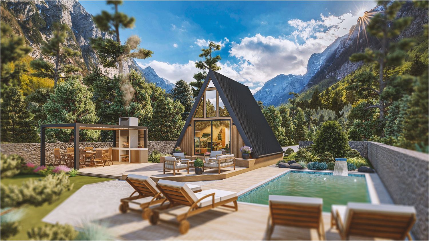 Promethean House 38m² A-frame modular house with loft, ideal for glamping, retreats, or a bright modern cabin.