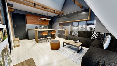 Отворено пространство в A-frame модулна къща 34м² от Promethean House, съчетаващо дневна, кухня, трапезария и работен кът.
